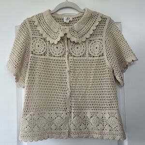 dRA Los Angeles S Beige Crochet Button Up Boho Cardigan Top Granny Cottagecore